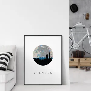 Chengdu, China city skyline with vintage Chengdu map