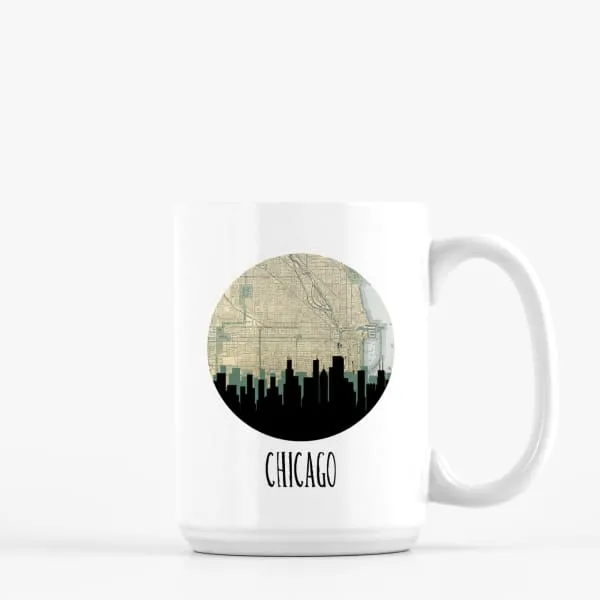 Chicago, Illinois city skyline with vintage Chicago map