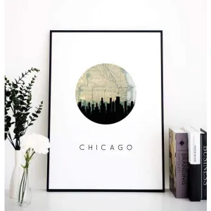 Chicago, Illinois city skyline with vintage Chicago map