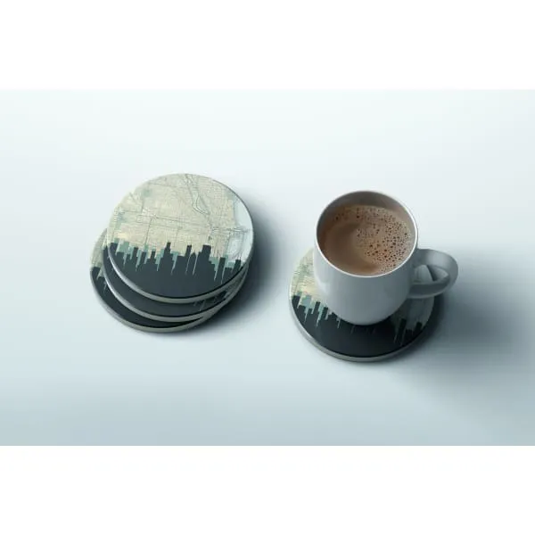 Chicago, Illinois city skyline with vintage Chicago map