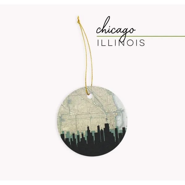 Chicago, Illinois city skyline with vintage Chicago map