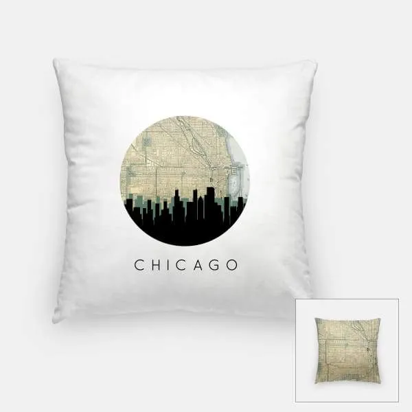 Chicago, Illinois city skyline with vintage Chicago map