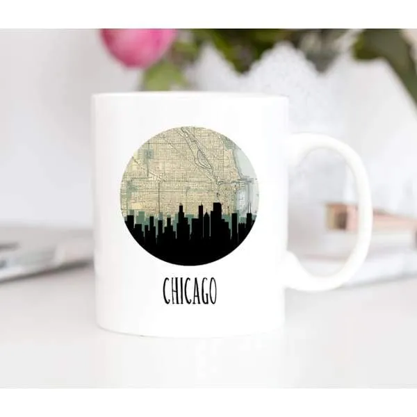 Chicago, Illinois city skyline with vintage Chicago map