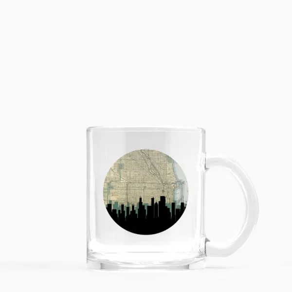 Chicago, Illinois city skyline with vintage Chicago map