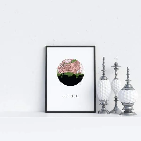 Chico, California city skyline with vintage Chico map
