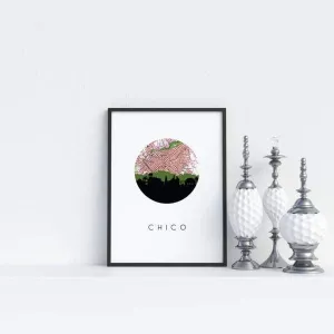 Chico, California city skyline with vintage Chico map