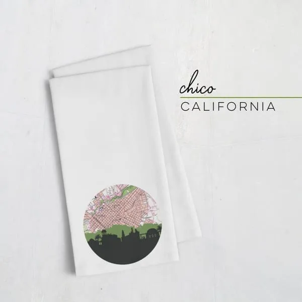 Chico, California city skyline with vintage Chico map