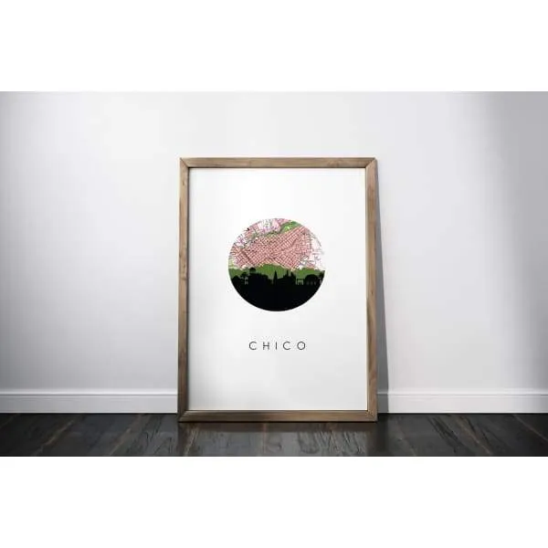 Chico, California city skyline with vintage Chico map