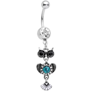 Clear Gem Real Turquoise Stone Southwestern Wise Owl Dangle Belly Ring