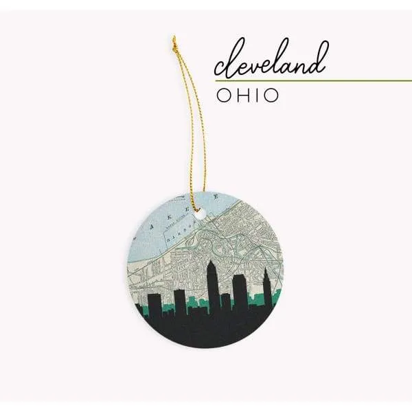 Cleveland, Ohio city skyline with vintage Cleveland map