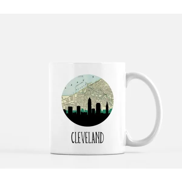Cleveland, Ohio city skyline with vintage Cleveland map