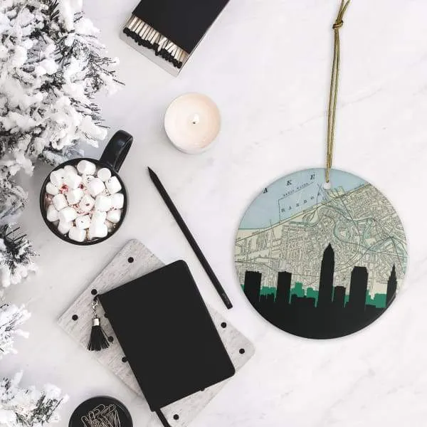 Cleveland, Ohio city skyline with vintage Cleveland map