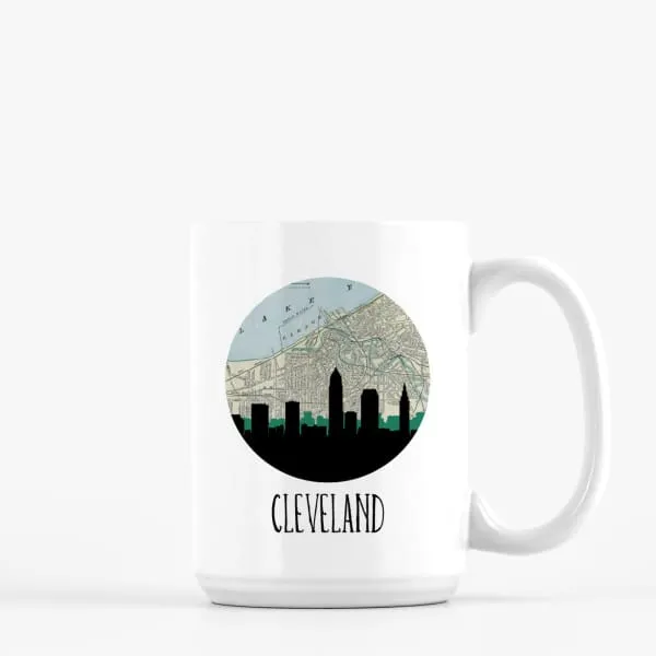 Cleveland, Ohio city skyline with vintage Cleveland map