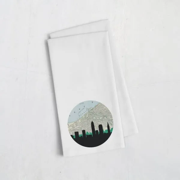 Cleveland, Ohio city skyline with vintage Cleveland map