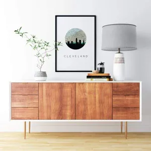 Cleveland, Ohio city skyline with vintage Cleveland map