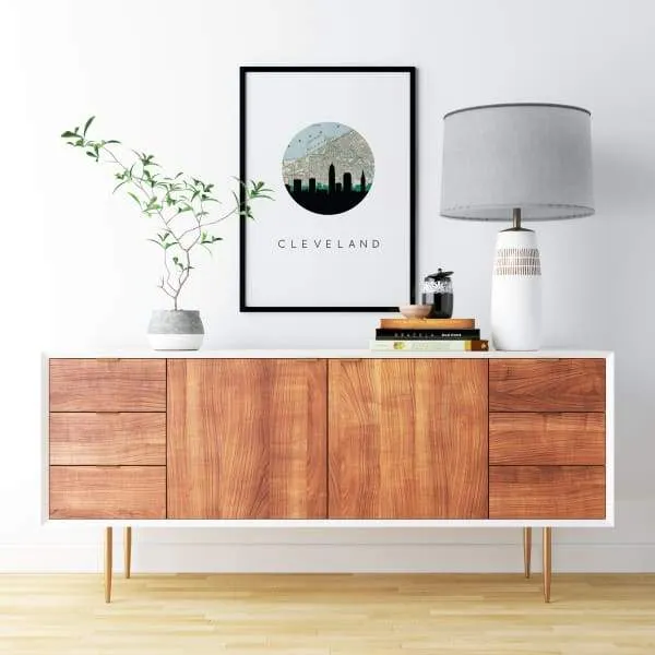 Cleveland, Ohio city skyline with vintage Cleveland map