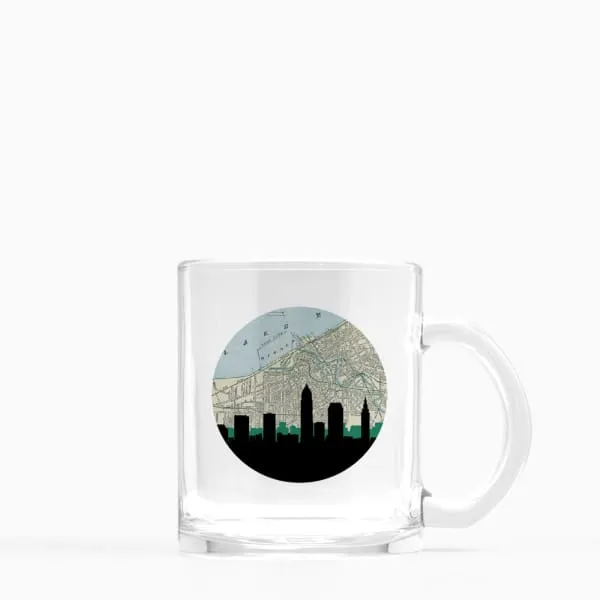 Cleveland, Ohio city skyline with vintage Cleveland map