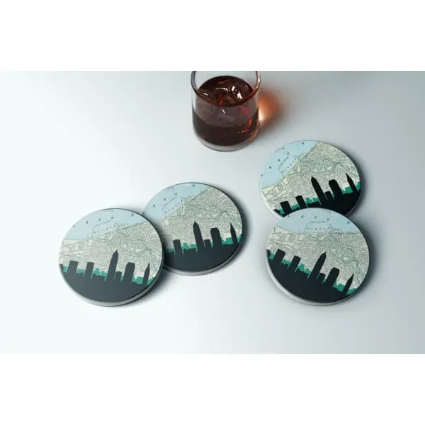 Cleveland, Ohio city skyline with vintage Cleveland map