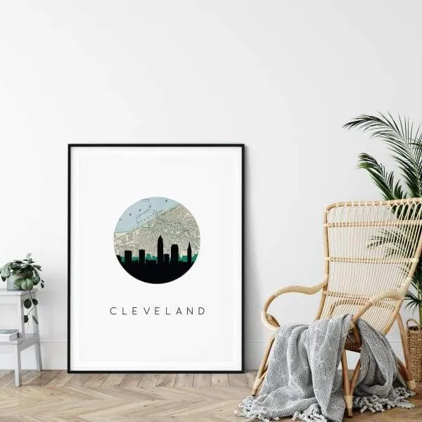 Cleveland, Ohio city skyline with vintage Cleveland map