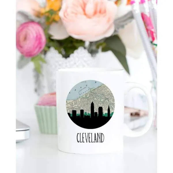 Cleveland, Ohio city skyline with vintage Cleveland map