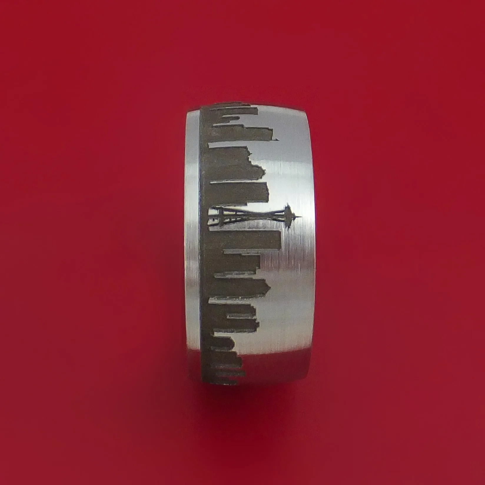 Cobalt Chrome Ring with Seattle Skyline Cityscape Custom Made Band