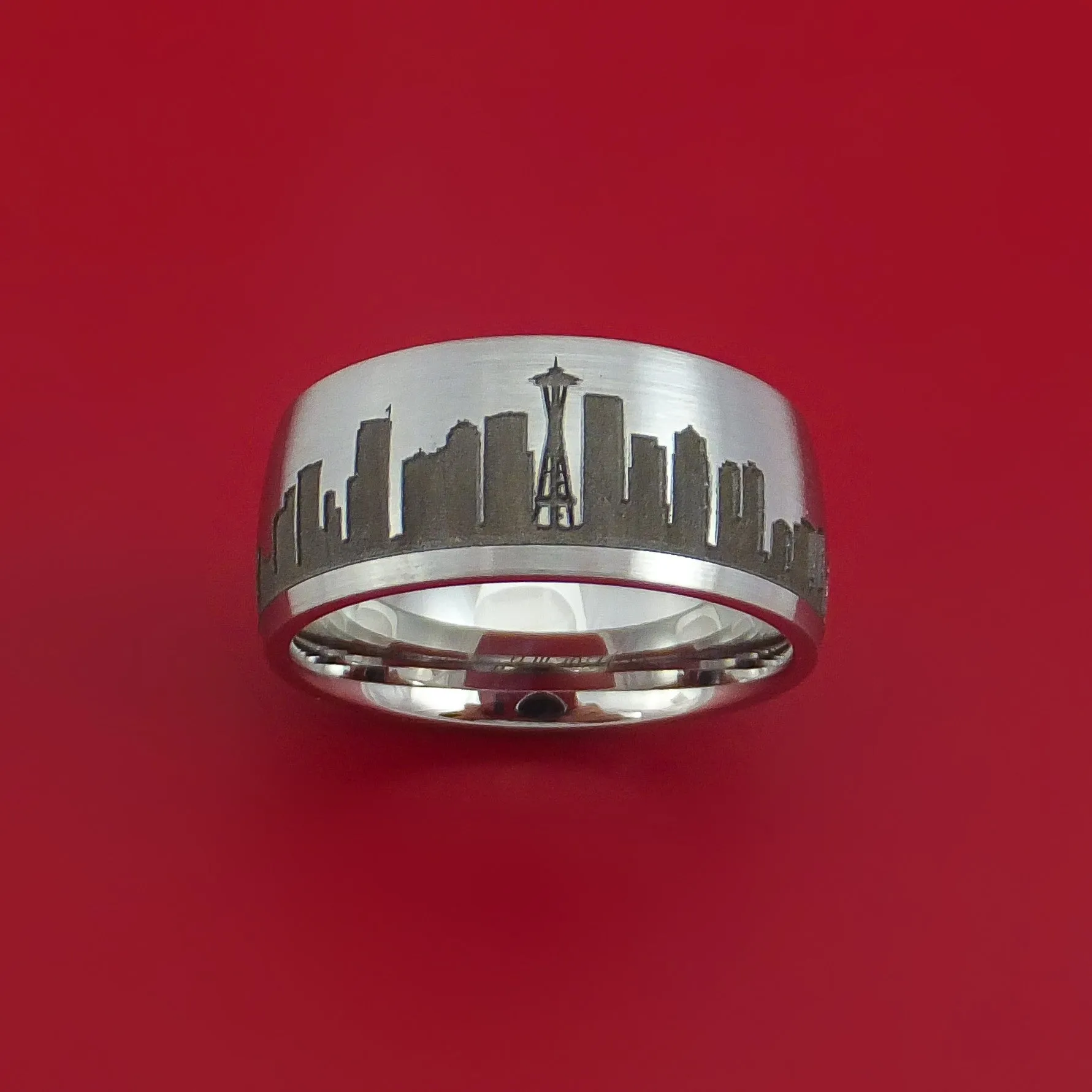 Cobalt Chrome Ring with Seattle Skyline Cityscape Custom Made Band