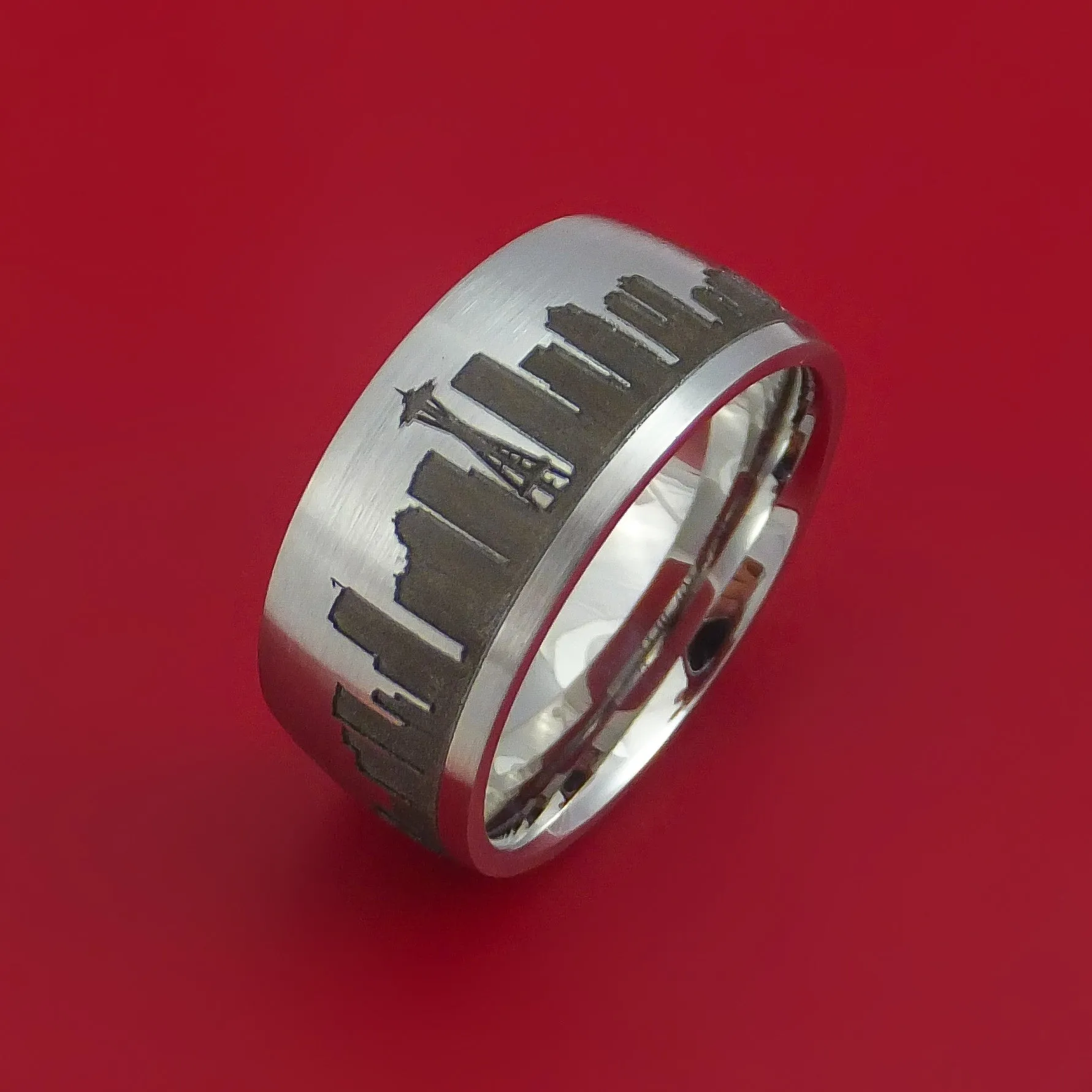 Cobalt Chrome Ring with Seattle Skyline Cityscape Custom Made Band