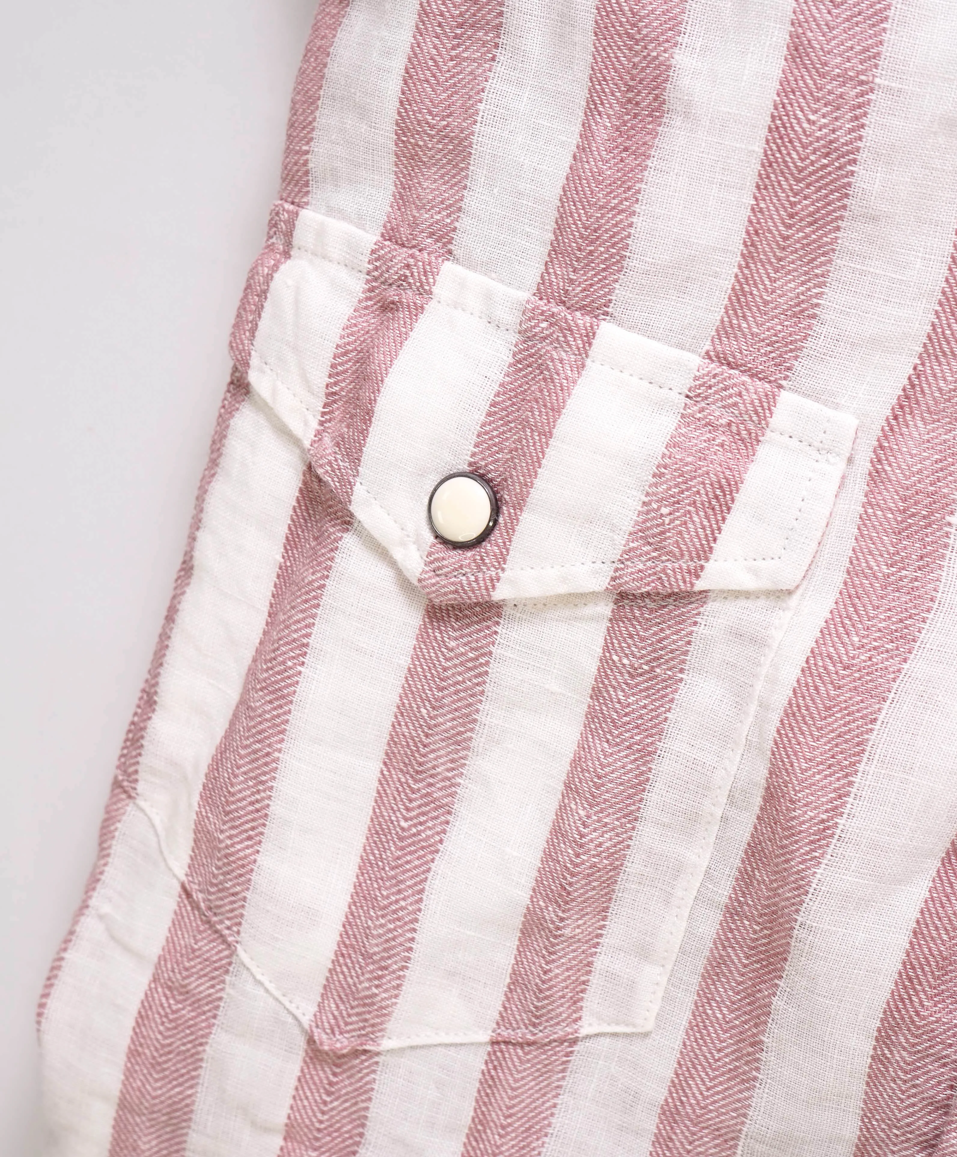 Copy of $395 ELEVENTY - Red/Pink White LINEN Broad Stripe SNAP Front Shirt - L