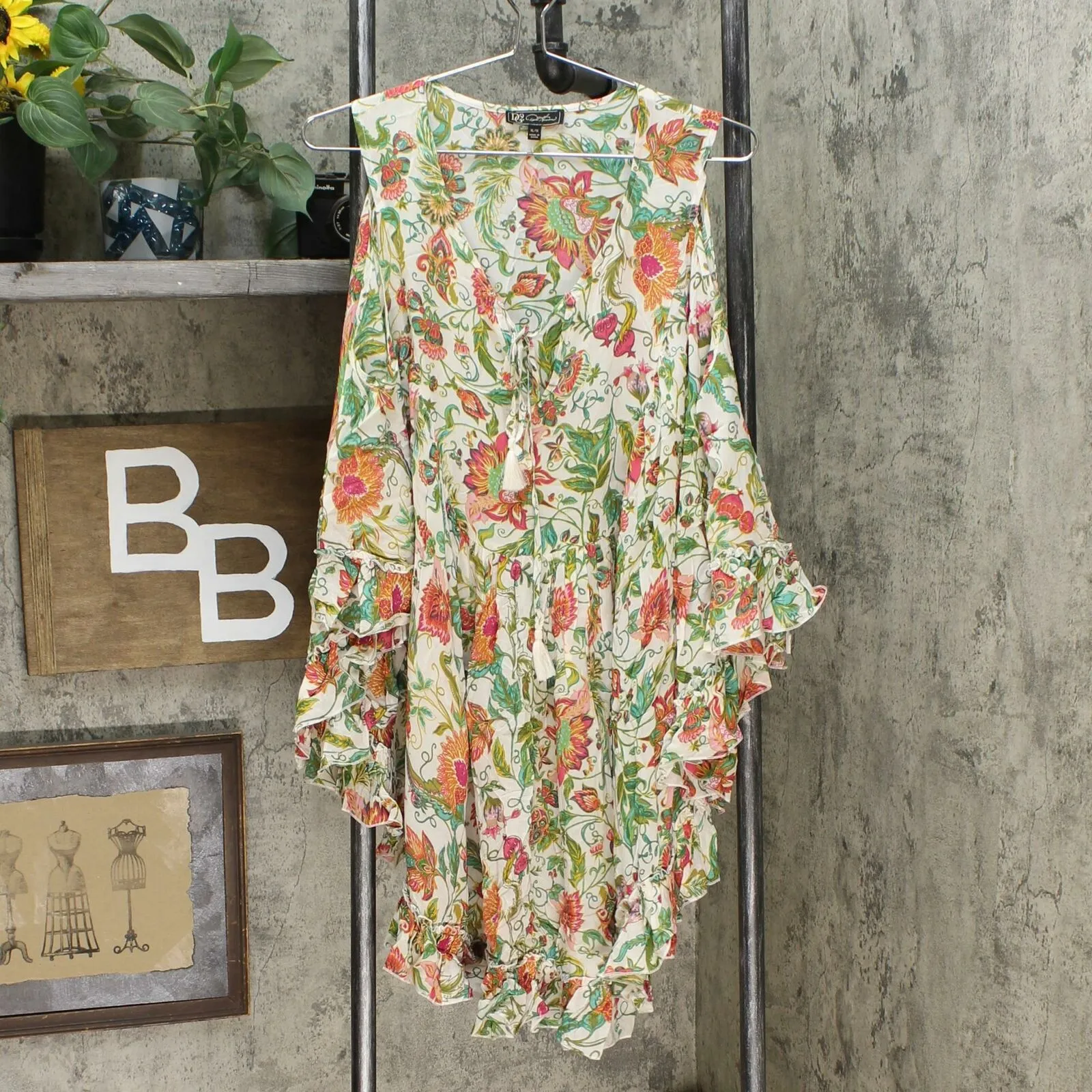 DG2 by Diane Gilman Women's Printed Ruffle Poncho Blouse Retro Floral XL/1X