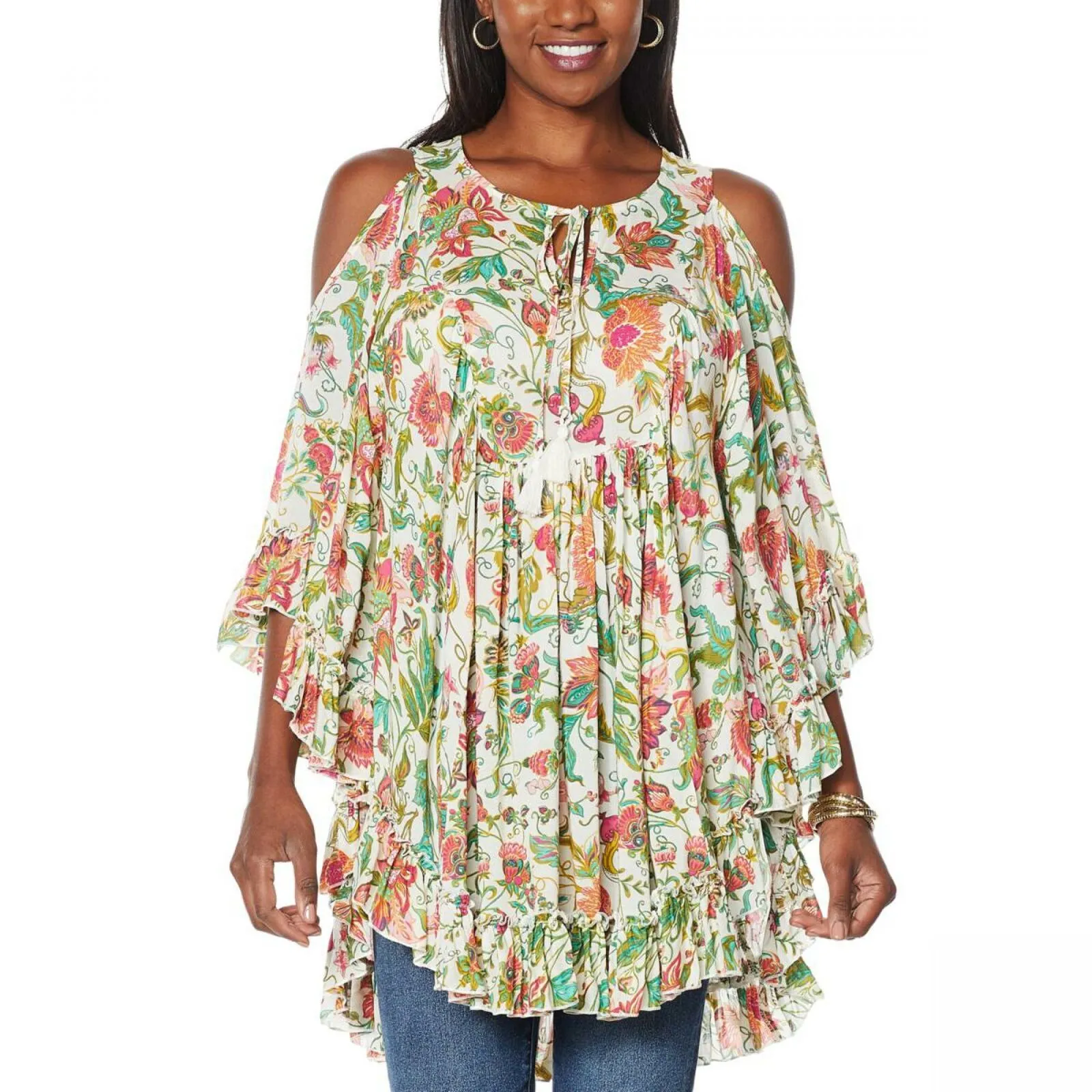 DG2 by Diane Gilman Women's Printed Ruffle Poncho Blouse Retro Floral XL/1X