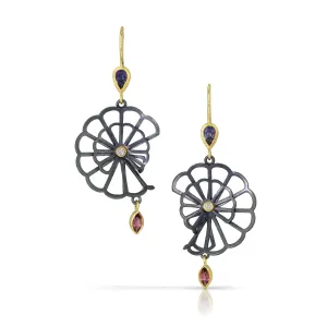 double fold cloud earrings with diamonds, iolites, and rhodolite garnets