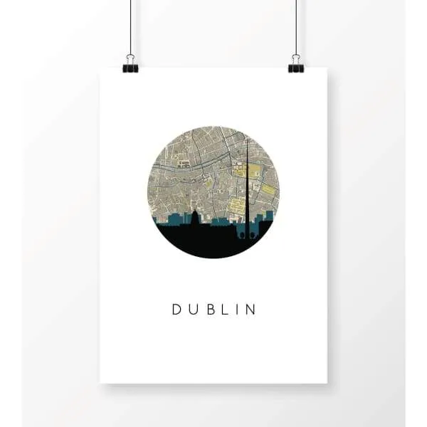 Dublin, Ireland city skyline with vintage Dublin map