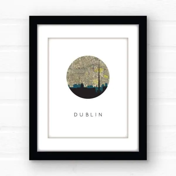 Dublin, Ireland city skyline with vintage Dublin map
