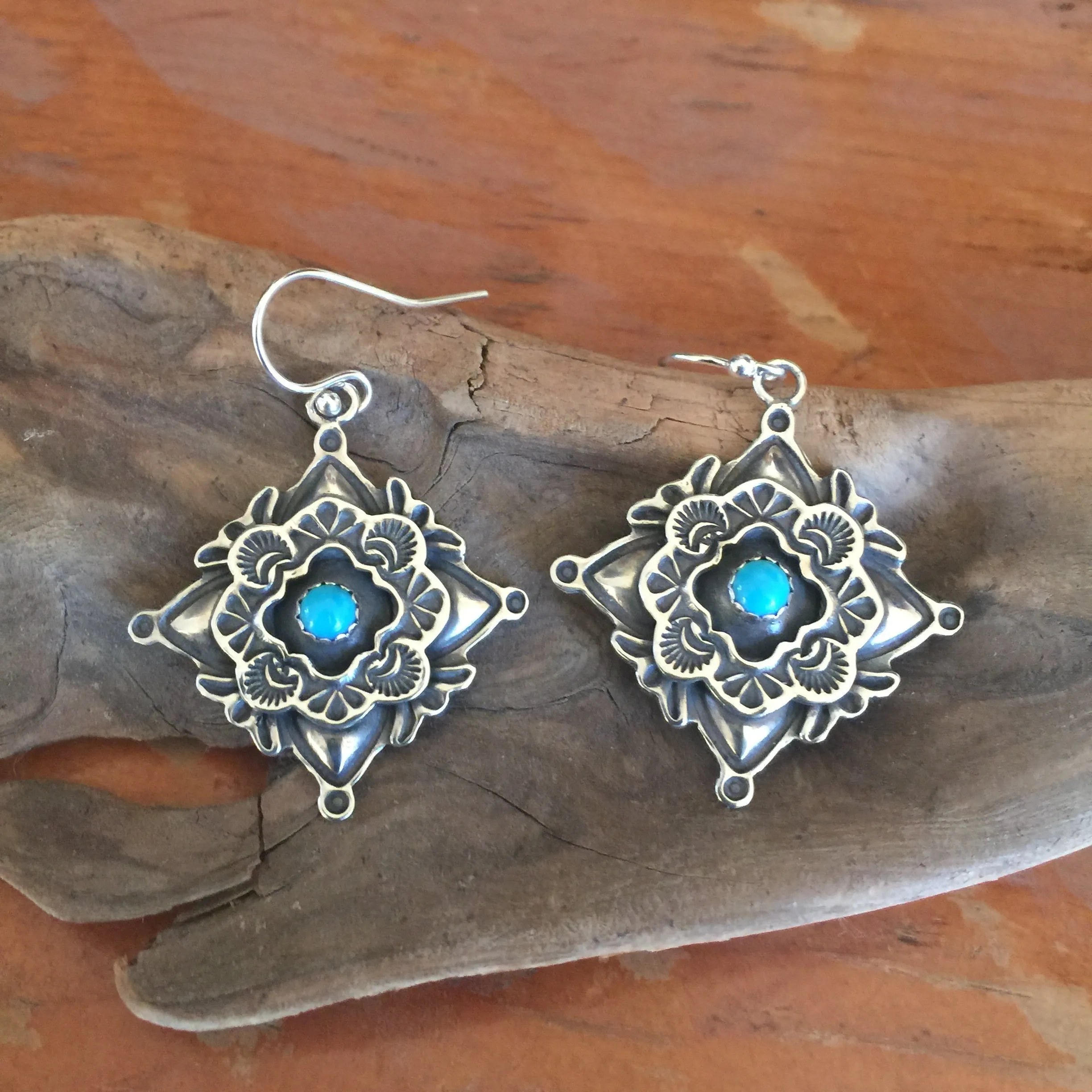 E299 Four Corner Cross with Framed Turquoise Earrings