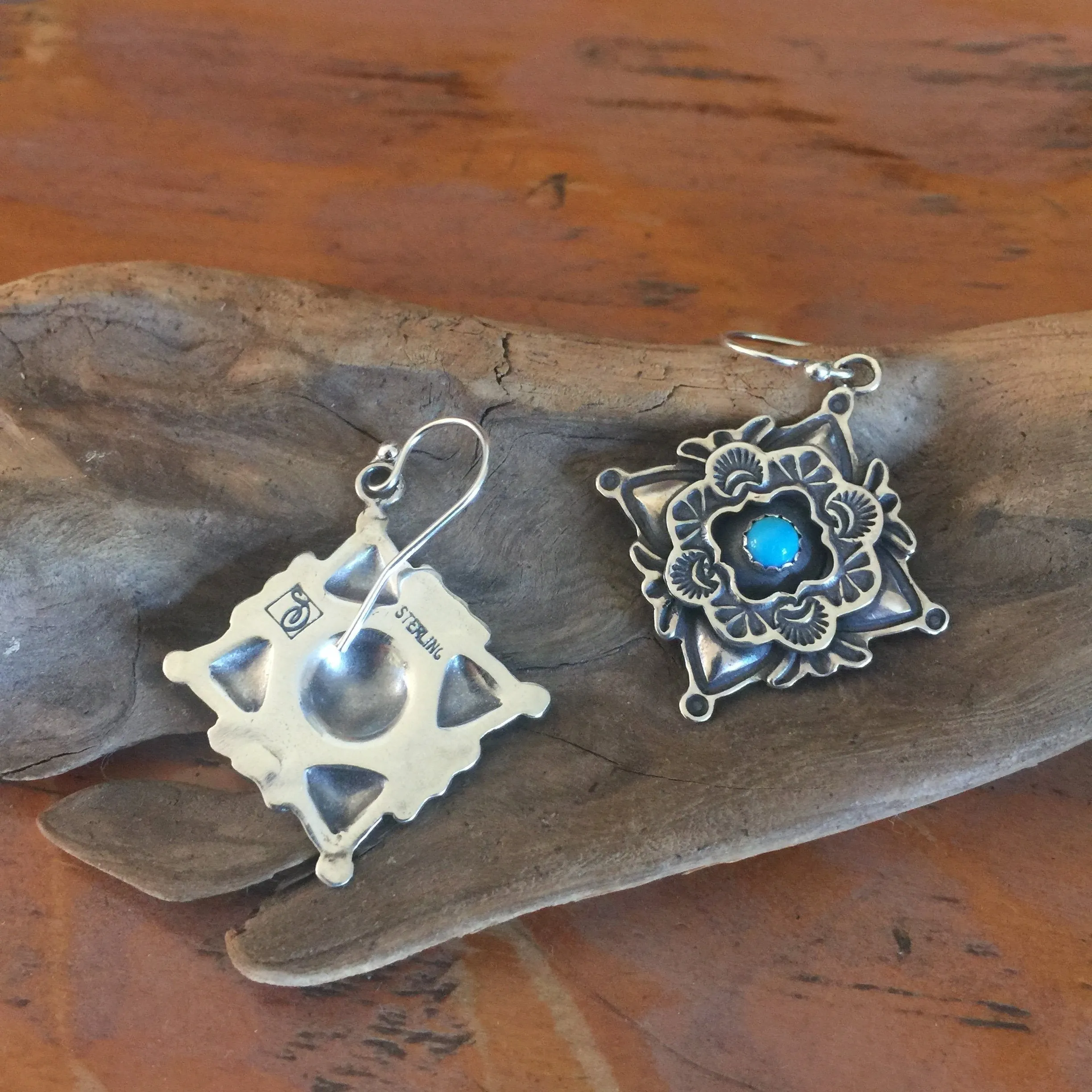 E299 Four Corner Cross with Framed Turquoise Earrings
