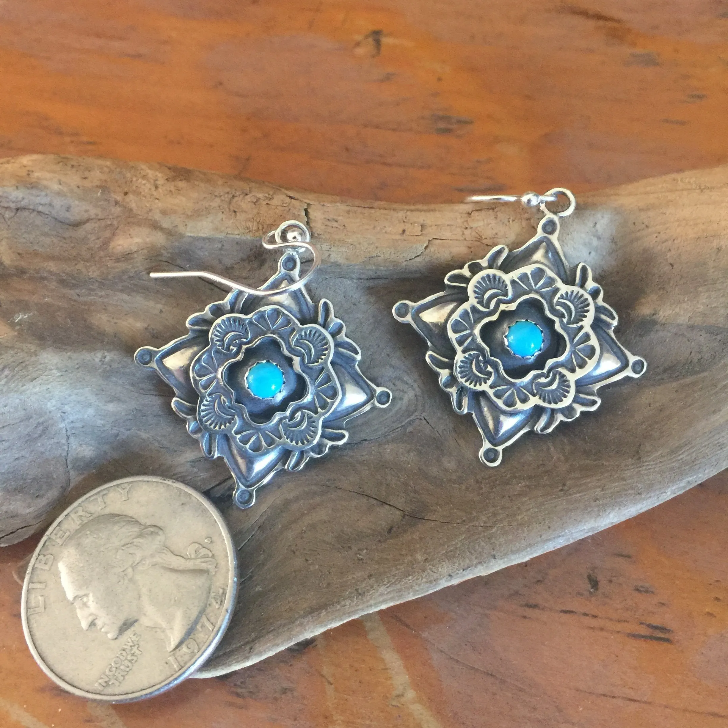 E299 Four Corner Cross with Framed Turquoise Earrings