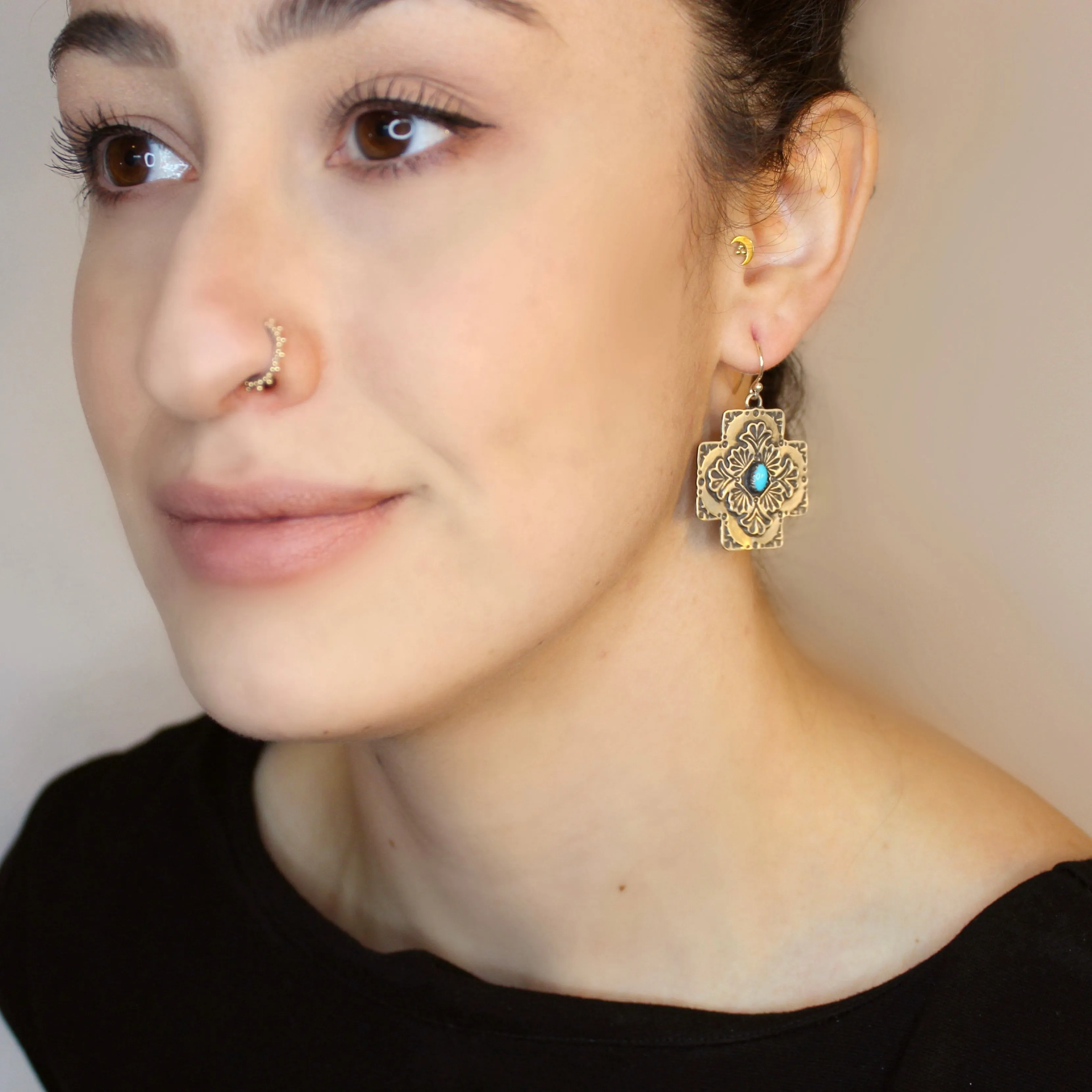 E88 Plaza Cross with Center Stone Earrings
