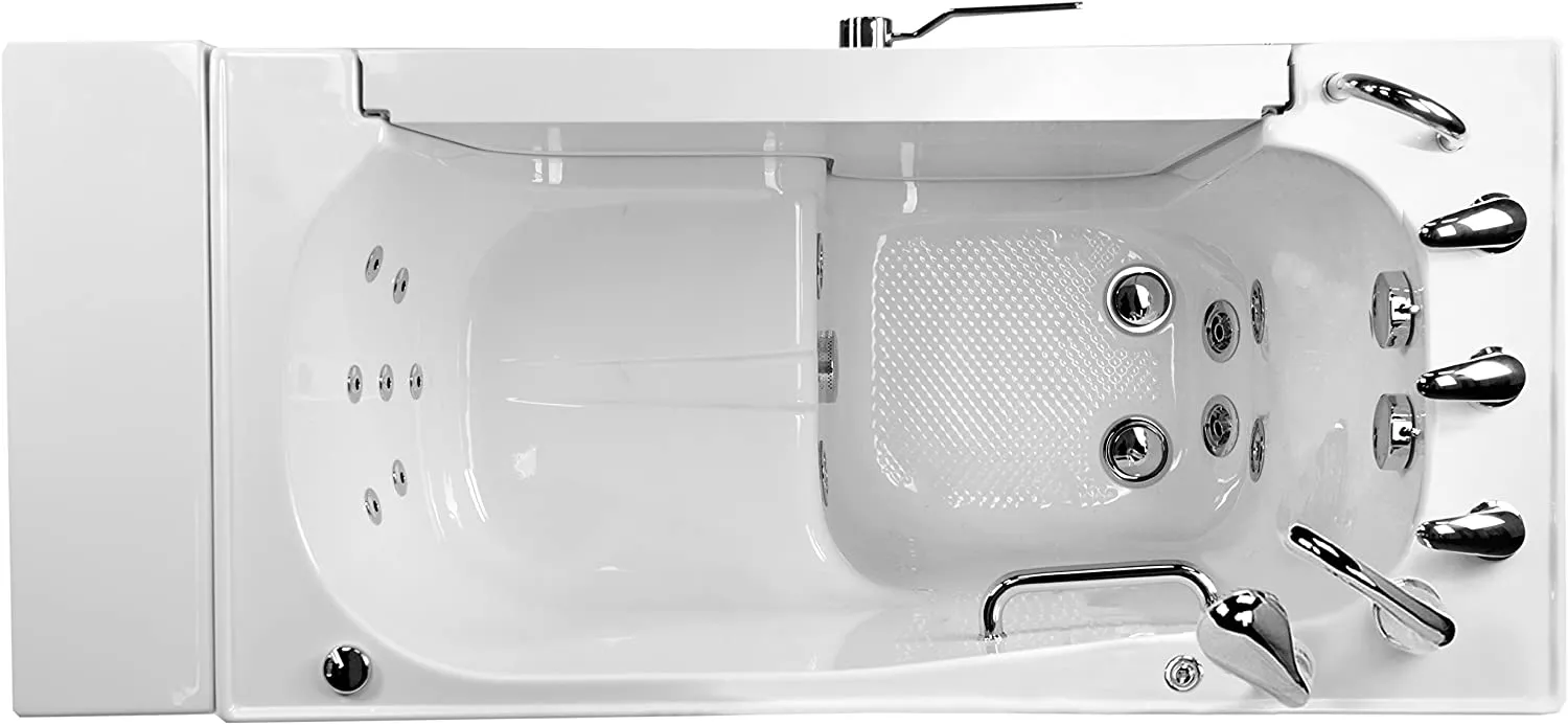 Ella's Bubbles OLA2652H-L-hHB Transfer26 26"x 52" Hydro Massage Acrylic Walk-In Bathtub with Heated Seat, Left Outward Swing Door, Ella 5pc. Fast-Fill Faucet, Dual 2" Drains, White