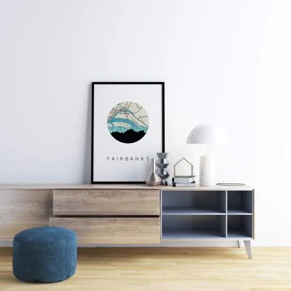 Fairbanks, Alaska city skyline with vintage Fairbanks map