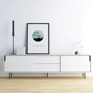 Fairbanks, Alaska city skyline with vintage Fairbanks map