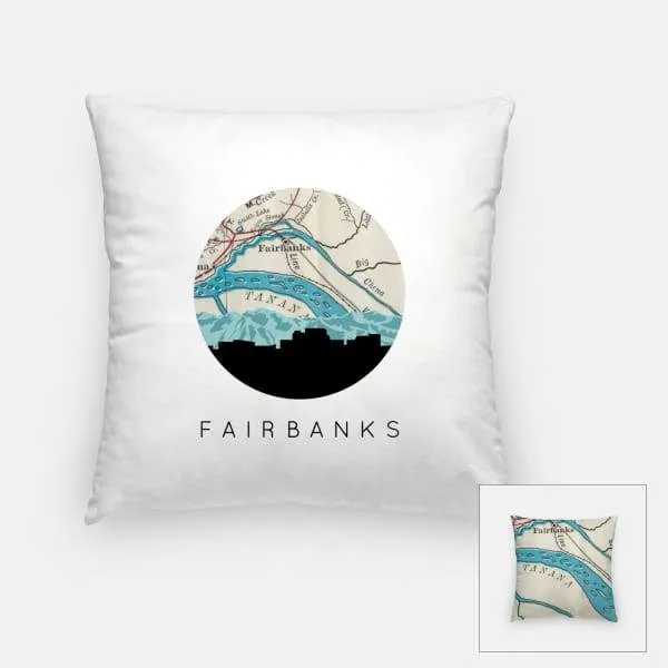Fairbanks, Alaska city skyline with vintage Fairbanks map