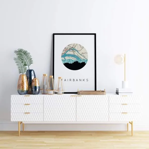 Fairbanks, Alaska city skyline with vintage Fairbanks map