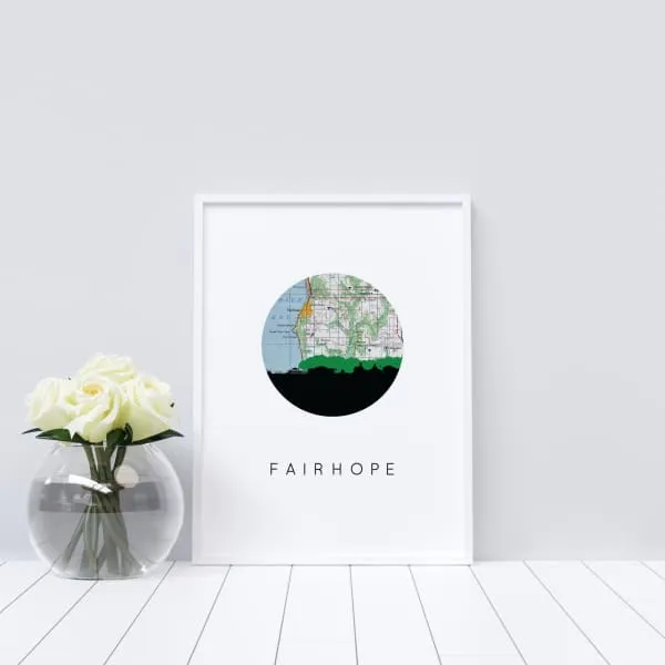 Fairhope, Alabama city skyline with vintage Fairhope map