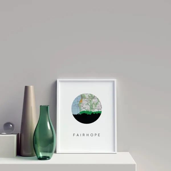 Fairhope, Alabama city skyline with vintage Fairhope map