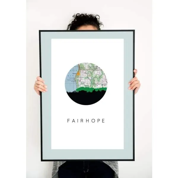 Fairhope, Alabama city skyline with vintage Fairhope map