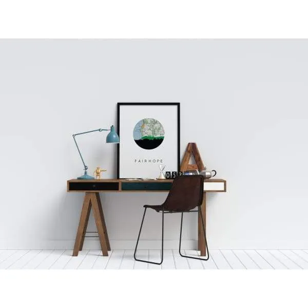 Fairhope, Alabama city skyline with vintage Fairhope map