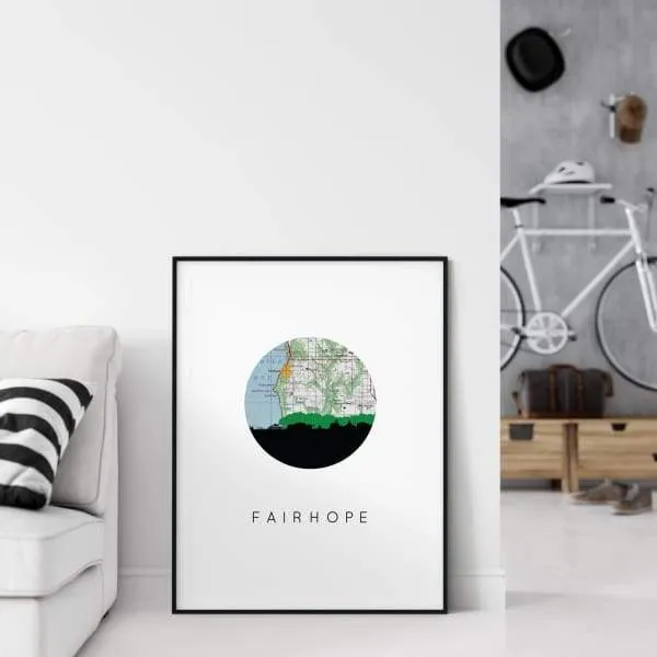 Fairhope, Alabama city skyline with vintage Fairhope map