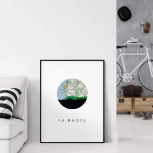 Fairhope, Alabama city skyline with vintage Fairhope map