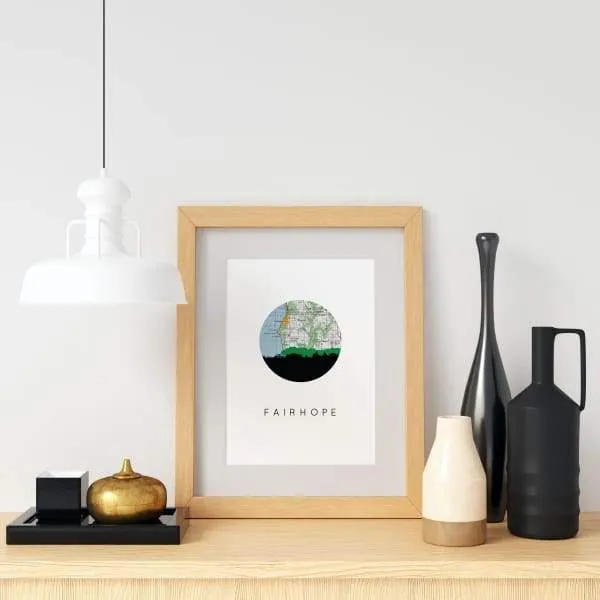 Fairhope, Alabama city skyline with vintage Fairhope map