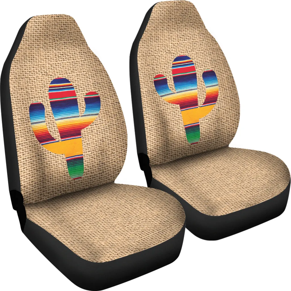 Faux Burlap Car Seat Covers Set With Colorful Serape Cactus Design